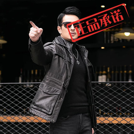 海宁真皮羽绒服男士头层牛皮夹克连帽皮衣冬季加绒可拆卸大衣外套
