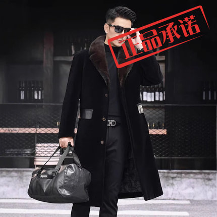 皮毛一体男水貂领羊剪绒外套真皮皮草羊毛长款过膝大衣羽绒服冬季