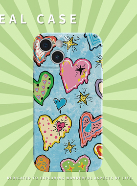 蓝色爱心涂鸦菲林手机壳亮面适用苹果16promaxiphoneOPPORENO10PROFINDX5PRO荣耀MAGIC4PROVIVOX200IQOONEO6