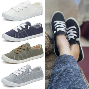 圆头休闲极简风足弓软底舒适一脚蹬懒人鞋 女鞋 青年 帆布鞋 外贸大码
