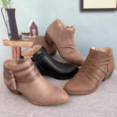 大码 靴中跟职场工作靴舒适欧美 外贸女及踝短靴侧拉链流苏编织时装