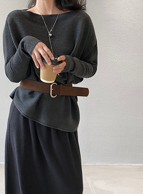 韩系感长袖斜肩针织衫女早秋气质配腰带不规则上衣