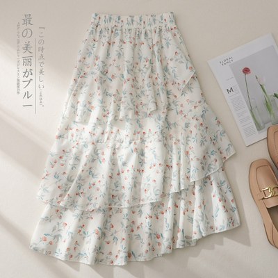 百搭a字ins超仙蛋糕裙新款2023夏季碎花不规则荷叶边女半身裙子