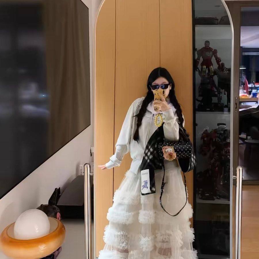 韩国高端重工花边蛋糕纱裙长裙子 公主风高腰A字木耳边网纱半身裙