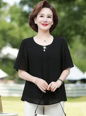 大码女装夏季新款短袖T恤雪纺衫宽松遮肚喇叭袖洋气中年妈妈上衣
