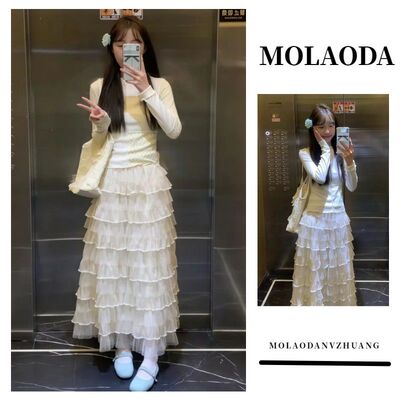 春夏季韩系甜美风波浪花边领不规则拼接纱网层层蛋糕裙半身裙女