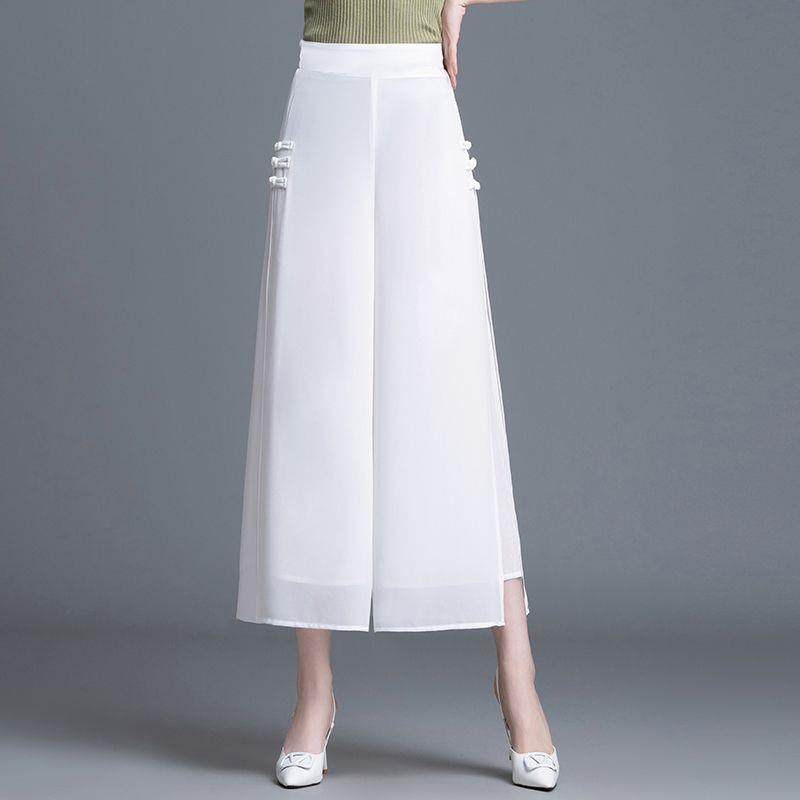 高腰开叉雪纺阔腿九分裤女裙裤2024夏季宽松新款显瘦阔腿垂感裤子