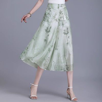 2025夏季新款时尚薄款印花国风七分裤女休闲高腰显瘦冰丝阔腿裙裤