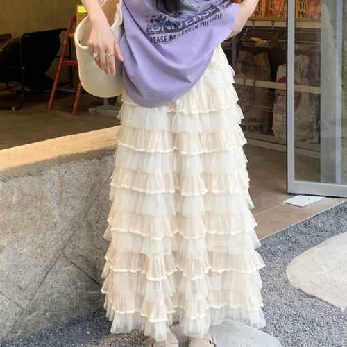 法式设计感荷叶边网纱蛋糕半身裙女秋季高腰A字长款仙女蓬蓬纱裙