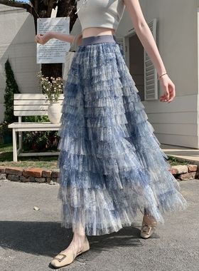 轧染蓝色蛋糕裙网纱层层度假旅游半身裙中长款超仙层次感大摆裙女