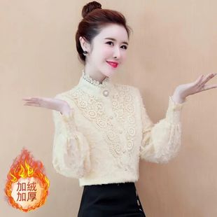 宽松上衣洋气加绒加厚蕾丝打底小衫 秋冬装 雪纺衫 2023年春季 女 新款