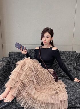 实实价网纱裙层层蛋糕裙半身裙女2023春夏新款黑色纱裙长裙半裙