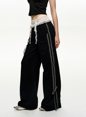 NS76假两件蕾丝花边低腰运动休闲直筒裤松弛感长裤宽松卫裤女新款