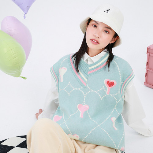 NS76 秋新款爱心v领毛衣外搭男女同款无袖宽松国潮牌情侣马甲外套