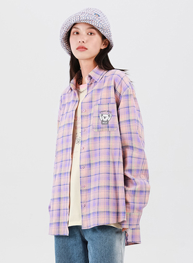 NS76考拉刺绣纯棉格子衬衫休闲宽松男女同款情侣款长袖衬衣外套