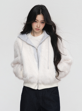 NS76 冬季新款环保皮草冬保暖假两件连帽针织拼接女宽松拉链外套