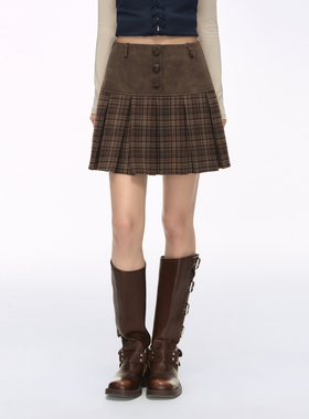 NS76秋冬新款复古辣妹风麂皮格纹拼接高腰短裙休闲百褶裙女半身裙