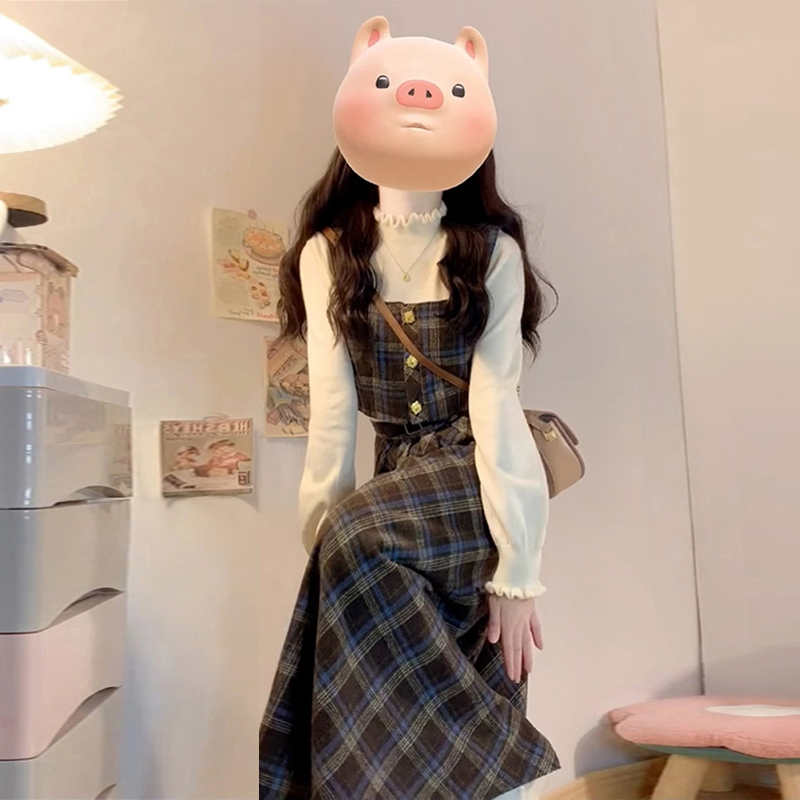 学院风格子背带连衣裙两件套装裙