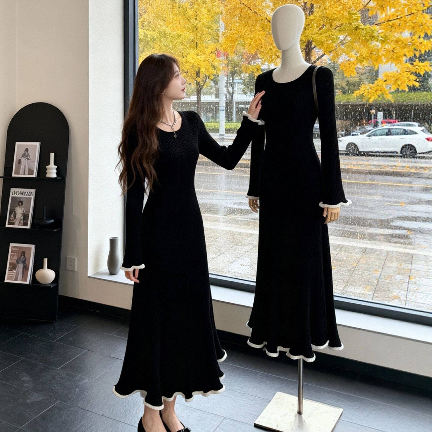 气质针织连衣裙配大衣打底毛衣裙
