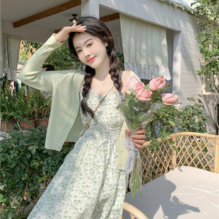 裙子女夏季超好看法式甜美小清新仙女开衫碎花吊带连衣裙两件套装