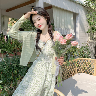 裙子女夏季超好看法式甜美小清新仙女开衫碎花吊带连衣裙两件套装
