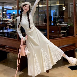长袖打底针织连衣裙子女秋冬季蕾丝拼接收腰半高领配大衣内搭长裙