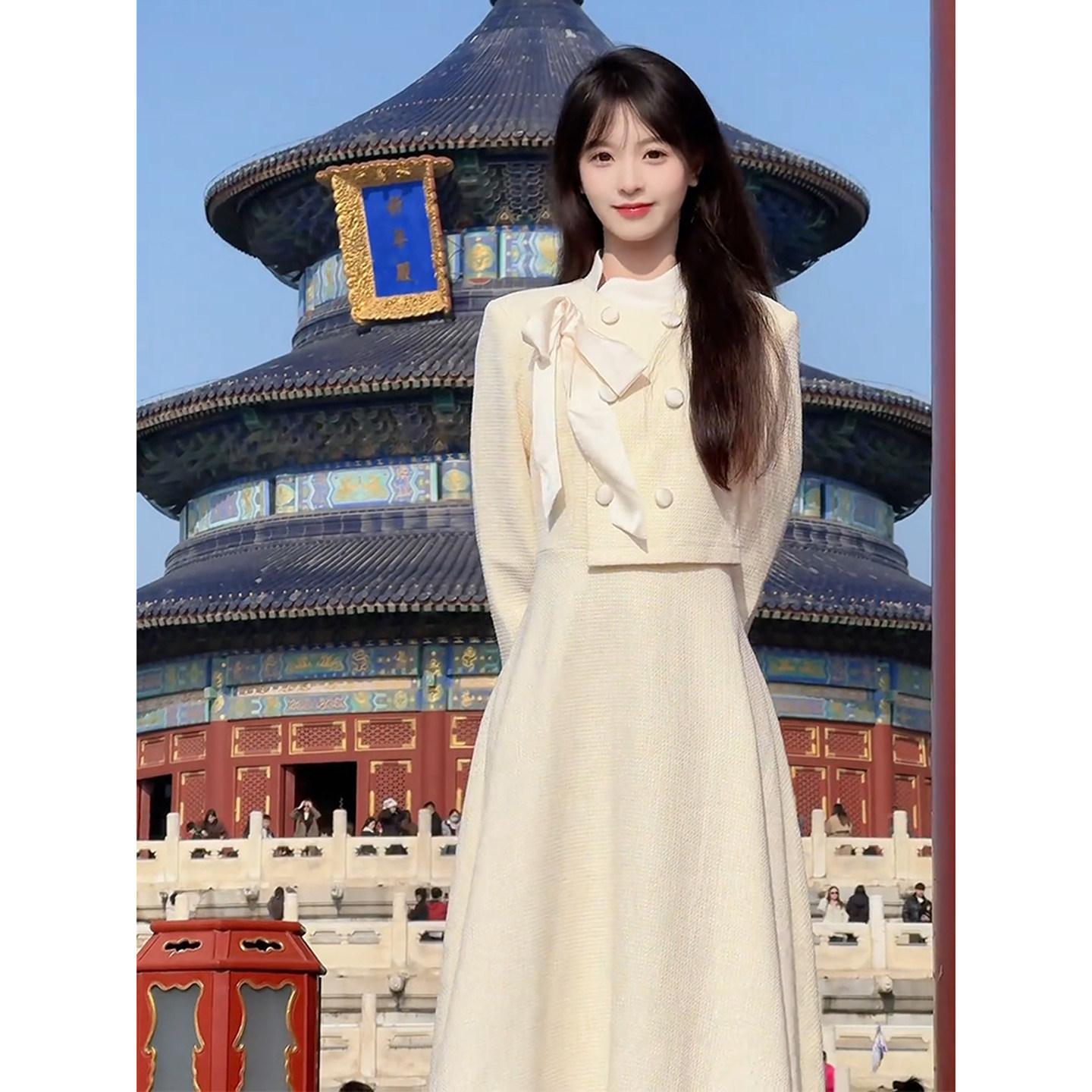 秋季2026新款女江浙沪千金穿搭小香风蝴蝶结假两件气质连衣裙长裙