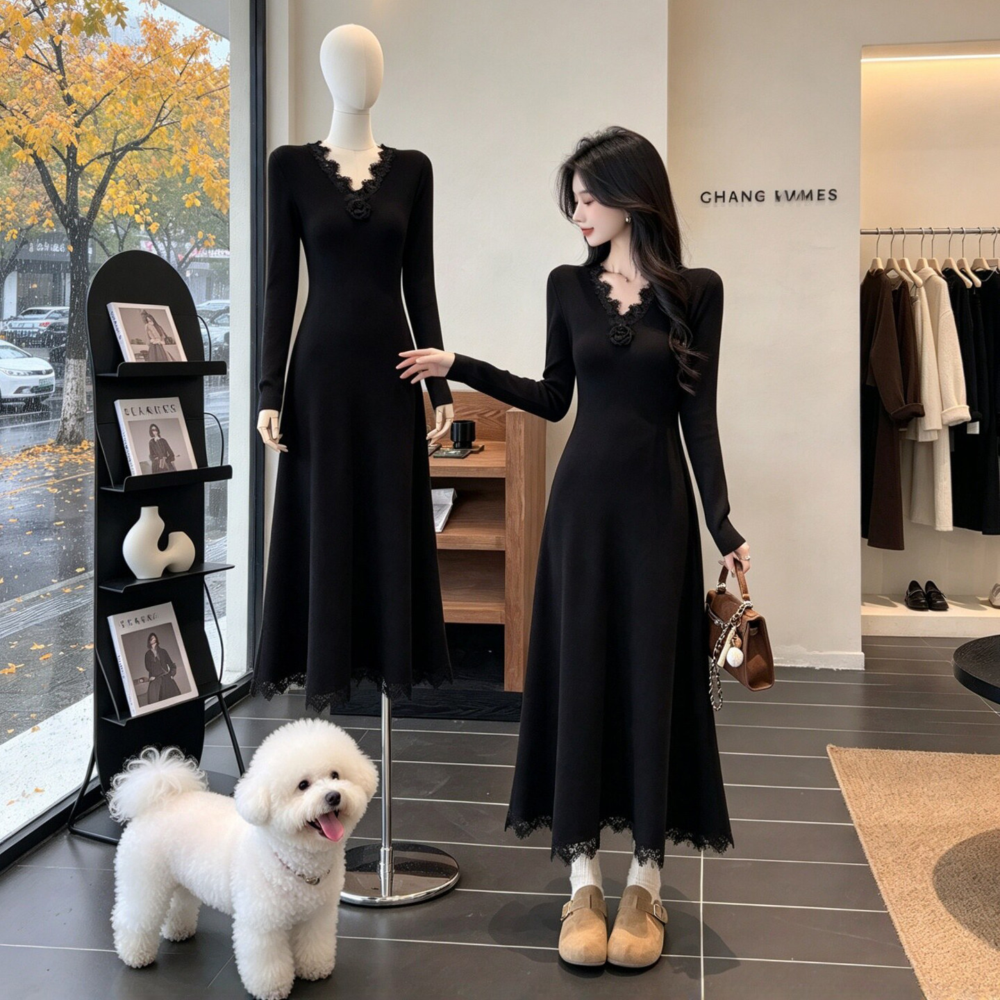 配大衣内搭毛衣裙女秋冬气质显瘦长袖黑色打底针织连衣裙法式长裙