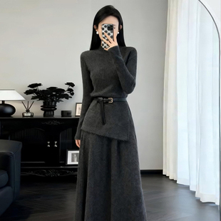 超好看独特漂亮深冬装 女 一整套穿搭气质小香风针织毛衣半身裙套装