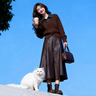 韩系深冬穿搭巨好看的冬装一整套女假两件针织毛衣皮裙两件套装裙