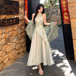 新中式复古国风气质拼接印花长裙无袖挂脖改良版旗袍连衣裙两件套