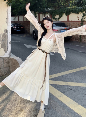 云南大理旅游度假穿搭女装镂空开衫波西米亚吊带连衣裙子两件套装