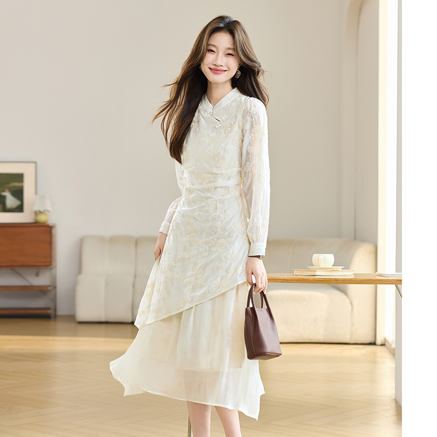 新中式假两件改良长袖旗袍连衣裙