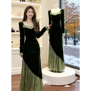 法式 气质长裙蕾丝拼接宴会礼服裙 名媛复古高级感丝绒连衣裙秋冬季