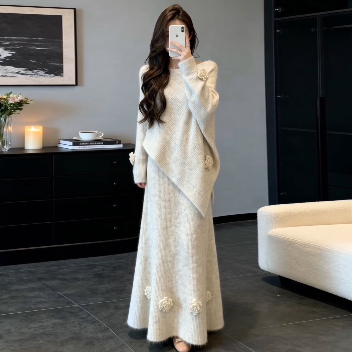 独特漂亮针织上衣半身裙两件套装