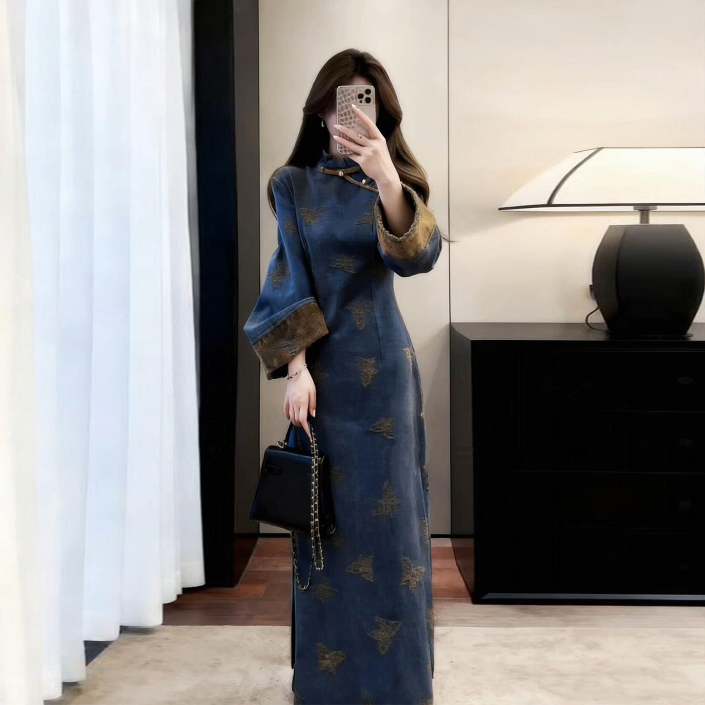 新中式国风蓝色改良旗袍连衣裙女