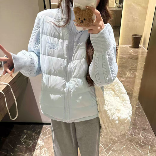 针织拼接90白鸭绒羽绒服女冬短款