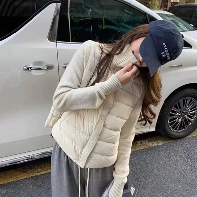 针织拼接排骨羽绒服女冬短款立领