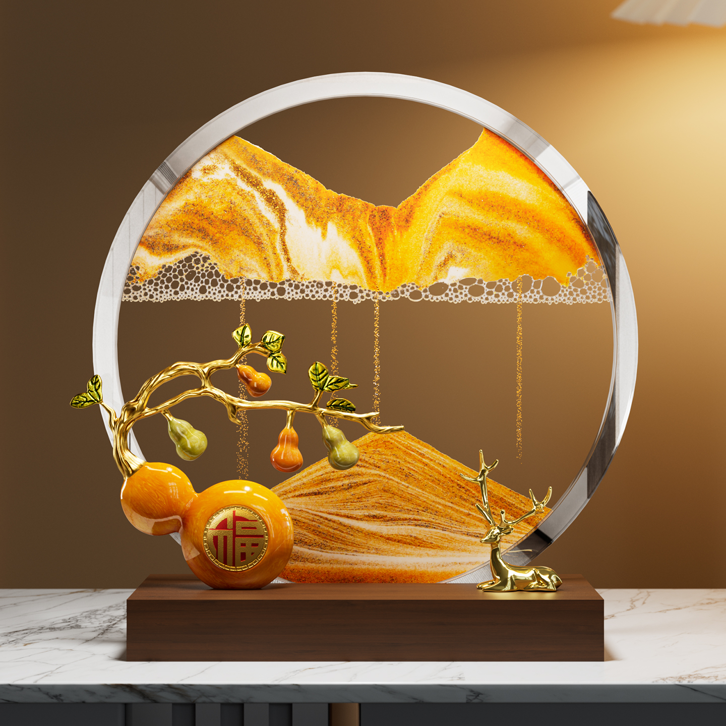 五福临门流沙画摆件办公室客厅酒柜装饰品新房子搬家乔迁新居礼物