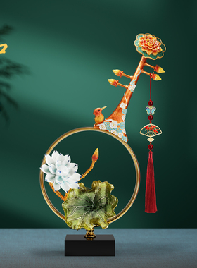 新中式摆件高级感小众创意珐琅彩莲花琵琶客厅工艺品桌面软装饰品