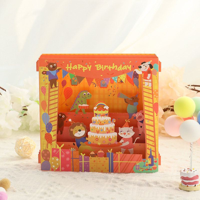可爱卡通儿童生日快乐贺卡立体纸雕留言礼物孩子祝福卡片多层可立