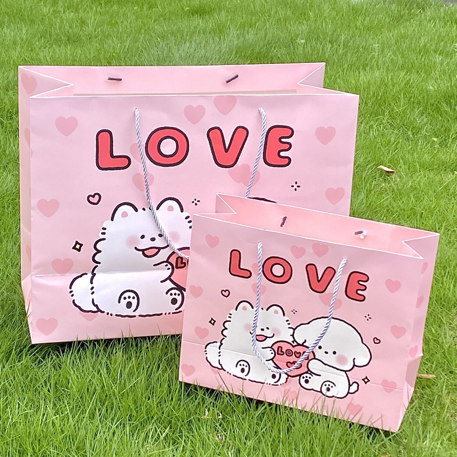 粉色love小狗礼品袋玩偶手提袋小众生日包装袋子大号礼物袋情人节