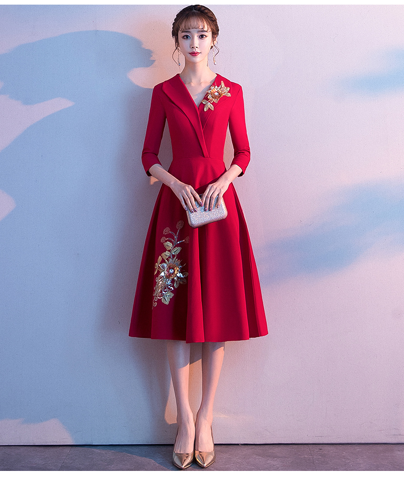 敬酒服新娘红色结婚订婚衣服女v领短款回门收腰小晚礼服平时可穿