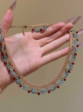 新中式简约吊坠风撞色串珠流苏项链双层多层叠戴高级感锁骨