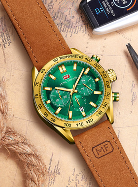 正品牌新款MINIFOCUS手表休闲真牛皮带夜光日历防水运动男士手表