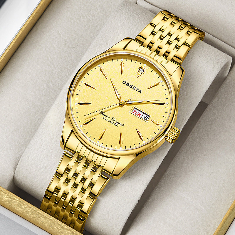 瑞士正品新款黑色钢带全自动机械男士手表休闲防水日历夜光商务表