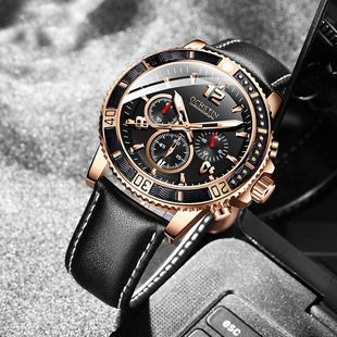 瑞士奥古斯登酷炫6针男士手表跑秒真皮休闲手表男学生表防水碗表