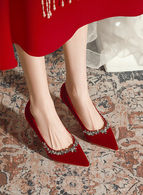 316-A192新款红色婚鞋小码水钻秀禾敬酒服尖头细跟大码加肥高跟鞋