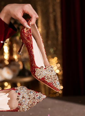 316-A308中式高跟秀禾婚鞋绸缎结婚新娘鞋红色敬酒订婚鞋大码加肥