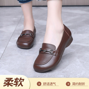 头层牛皮女鞋2024春季秋新款真皮软底乐福鞋圆头复古平跟大码单鞋
